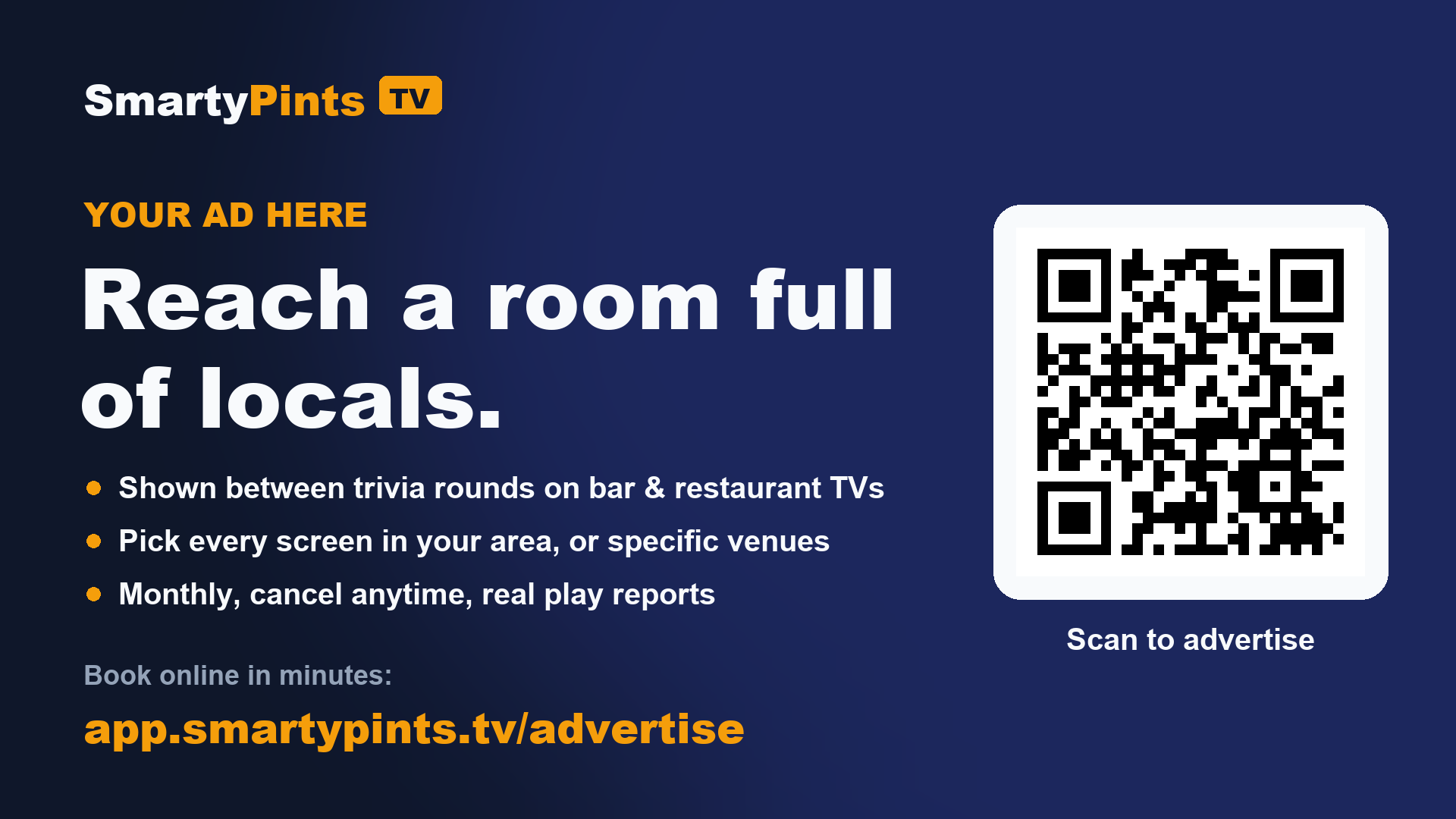 An ad playing on a bar TV during SmartyPints trivia